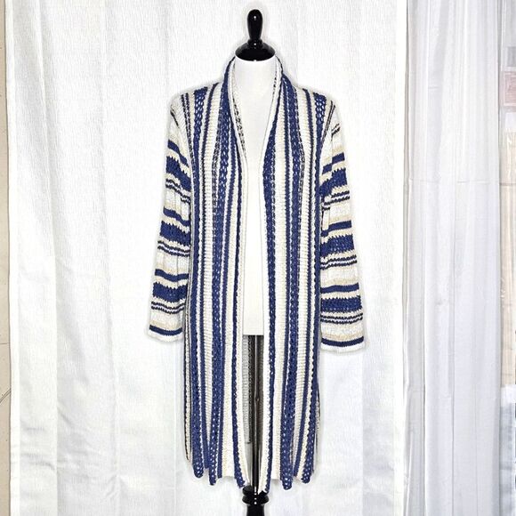 NorthStyle Blue Striped Mixed Yarn Open Drape Front Lightweight Long Cardigan - Picture 2 of 9